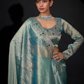 Sea Green Shimmer Silk Saree with Heavy Stone Zari Embroidered Border