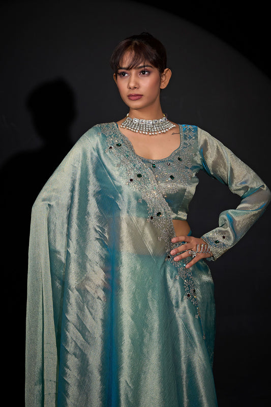 Sea Green Shimmer Silk Saree with Heavy Stone Zari Embroidered Border
