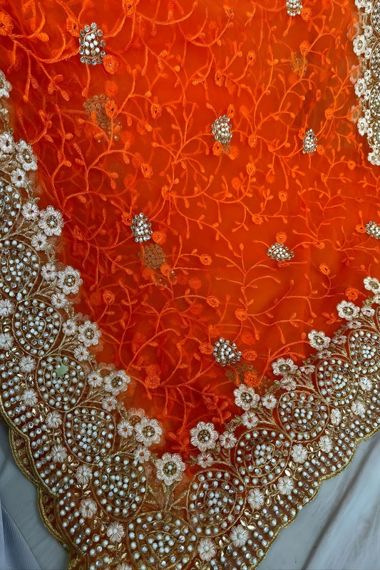 Designer Orange Net Saree with Heavy Sequins Embroidery Border