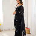Designer Embroidered Black Satin Saree Party Wear