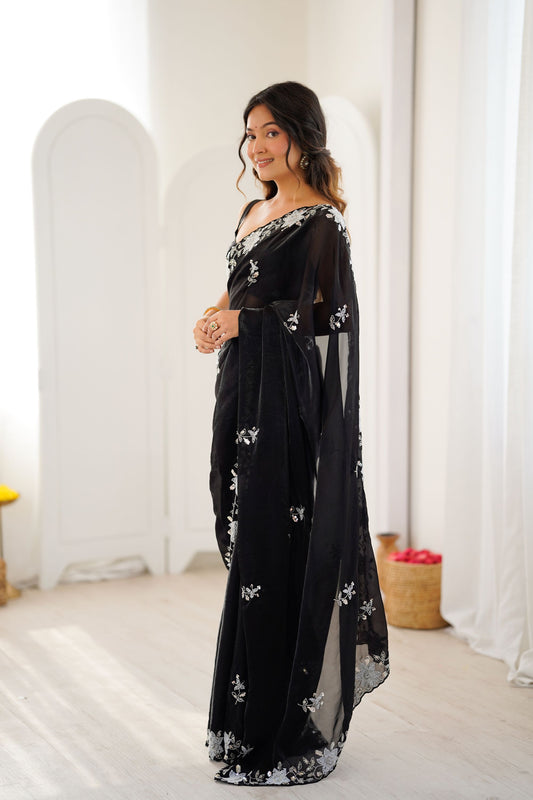 Designer Embroidered Black Satin Saree Party Wear
