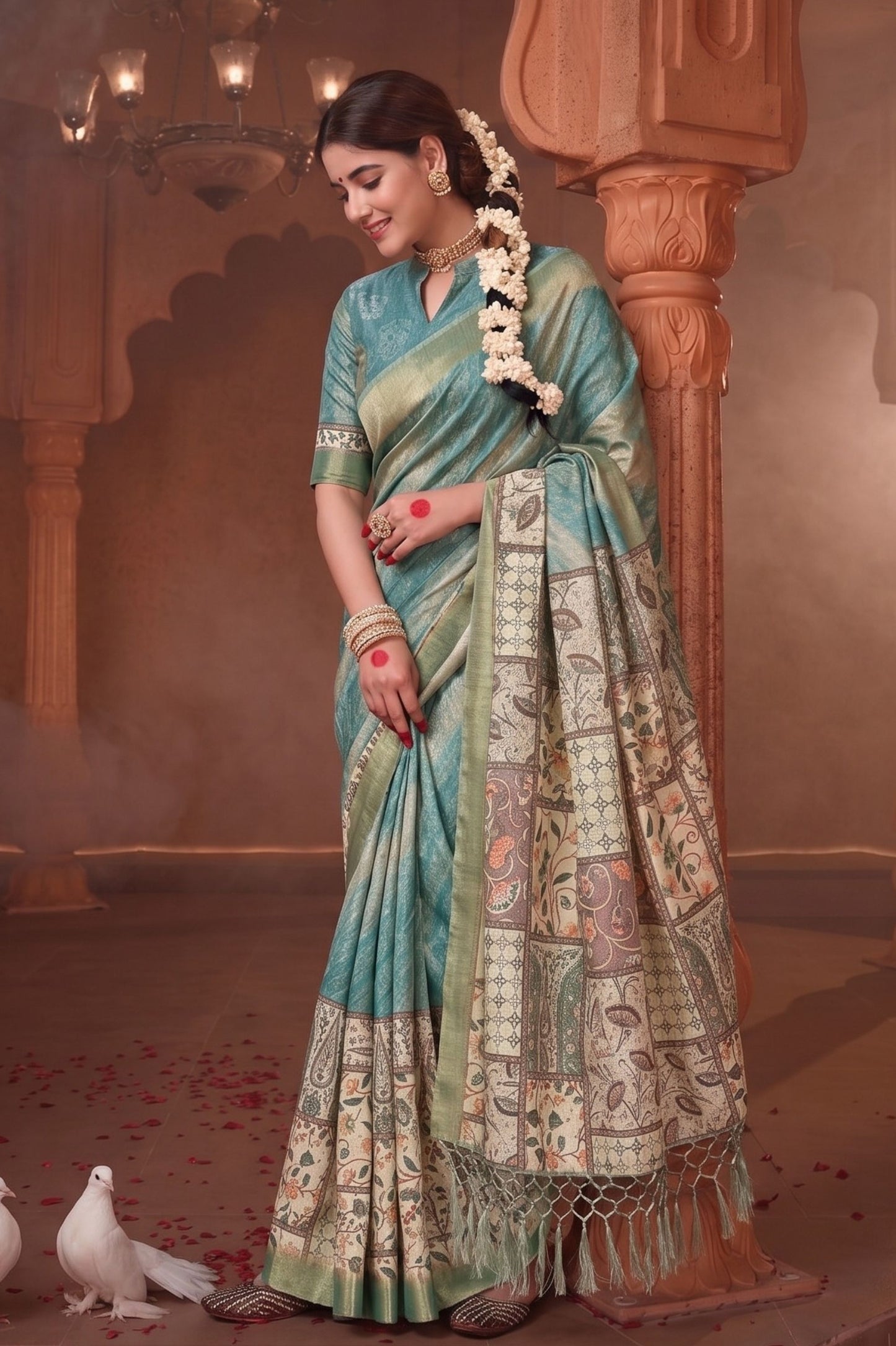 Sky Blue Banarasi Silk Saree with Printed Designer Pallu
