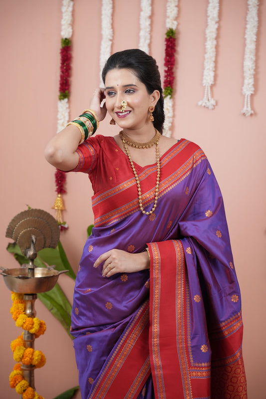 Purple Silk Saree with Red Woven Border and Traditional Design
