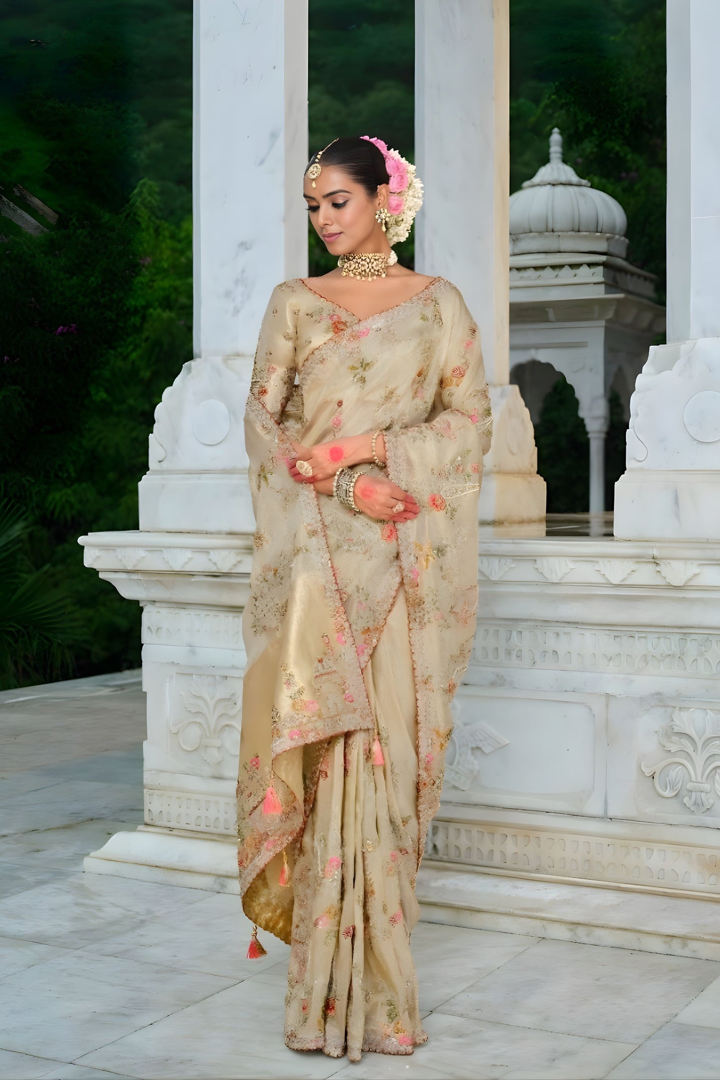 Designer Beige Embroidered Silk Saree with Floral Zari Work