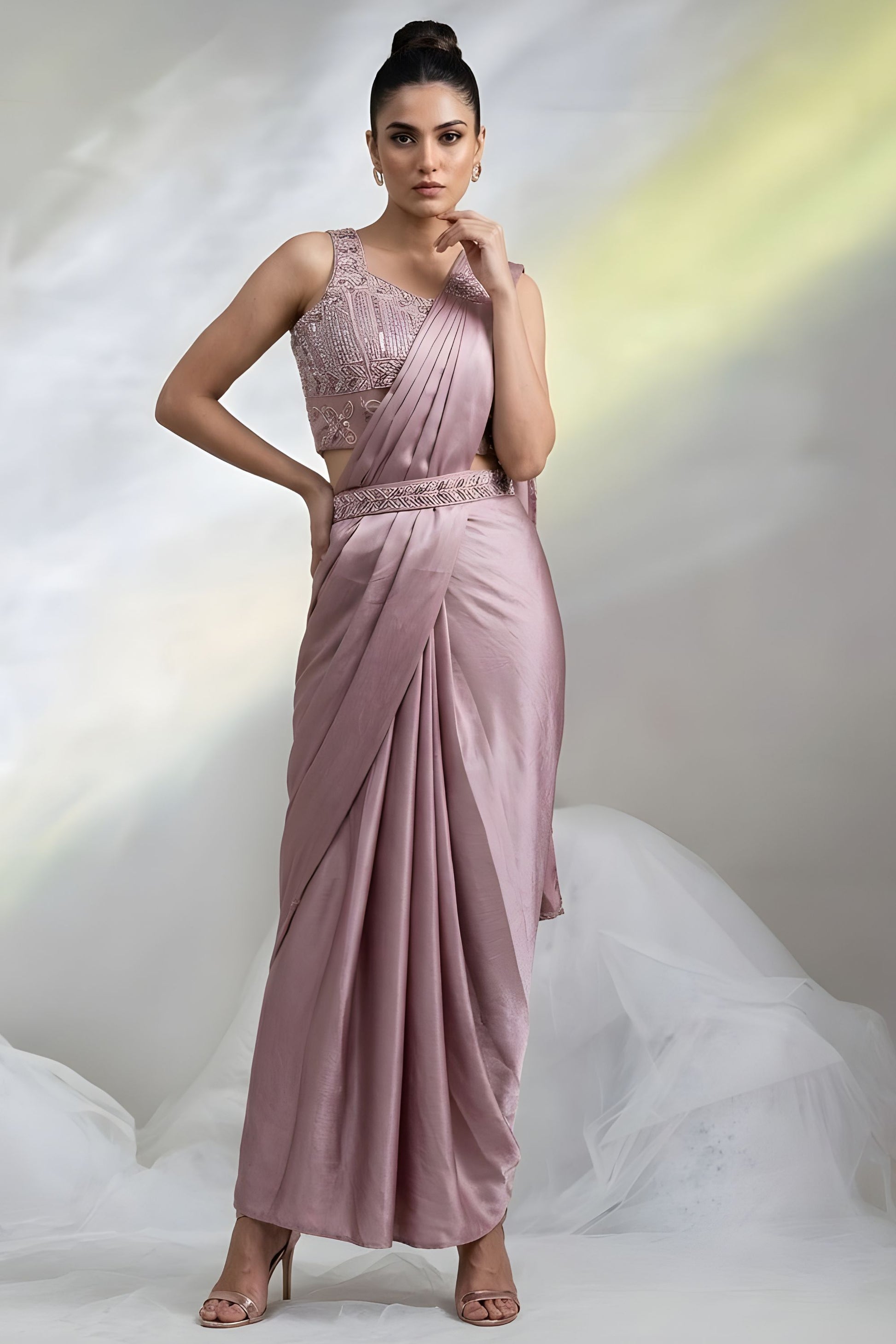 Dusty Pink Ready to Wear Designer Saree with Embroidered Blouse