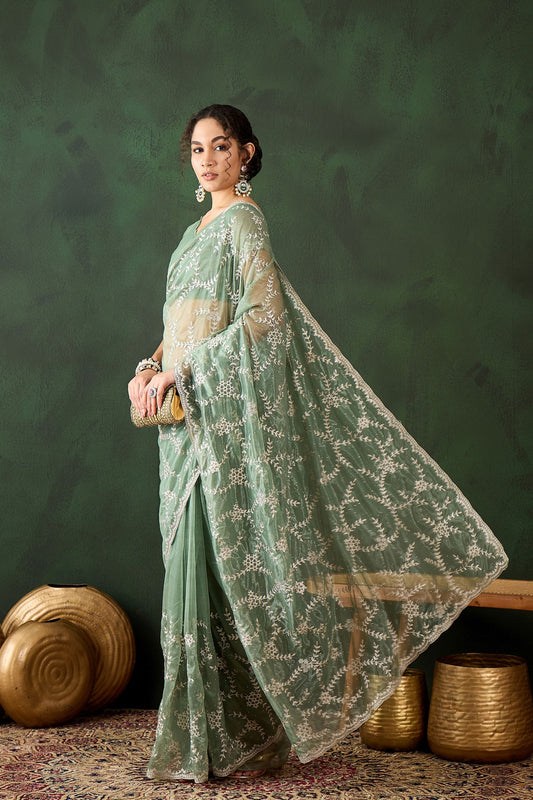 Mint Green Net Embroidered Saree Designer Saree