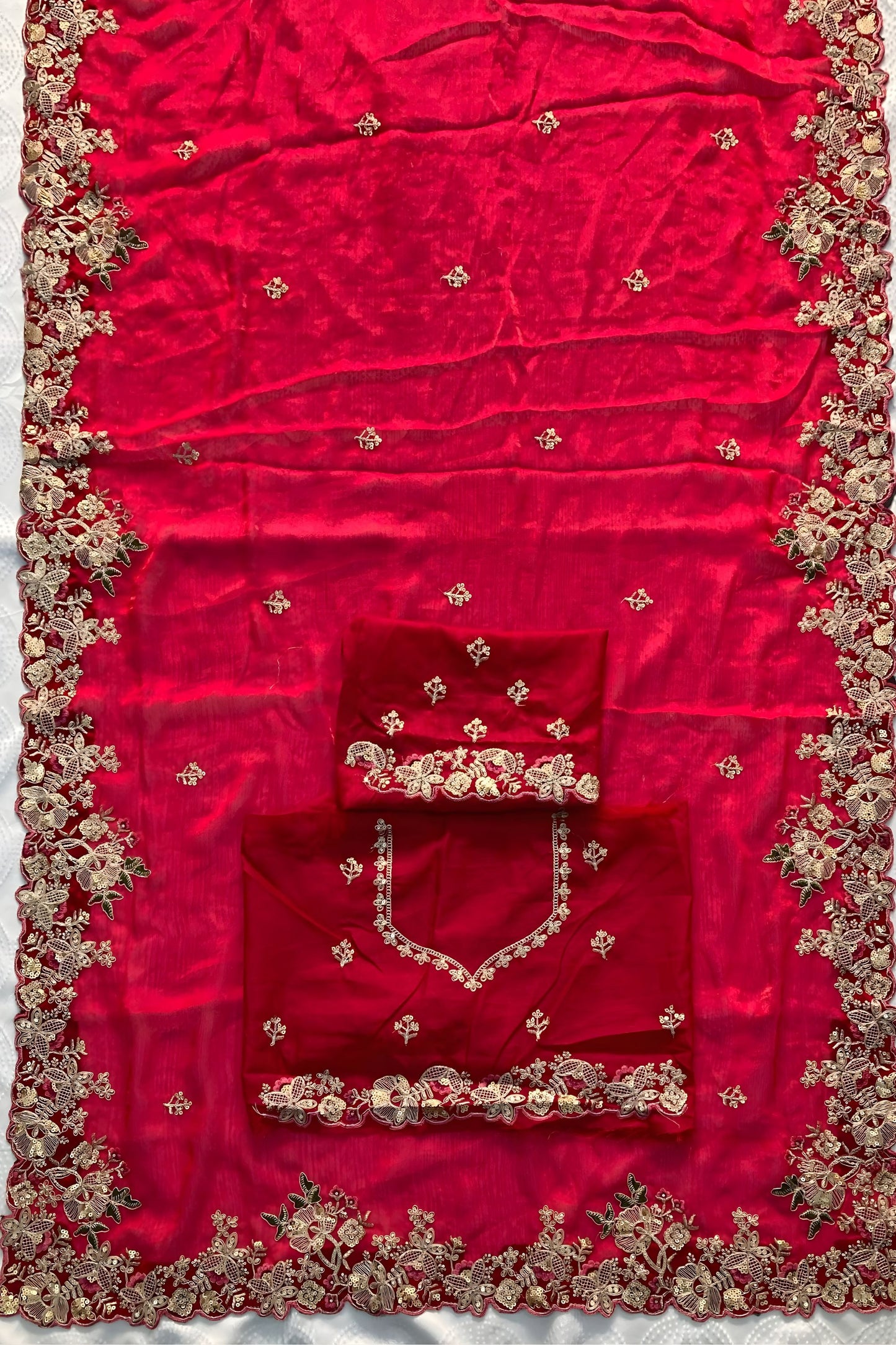 Hot Pink Embroidered Organza Saree Heavy Floral Zari Work Designer Blouse