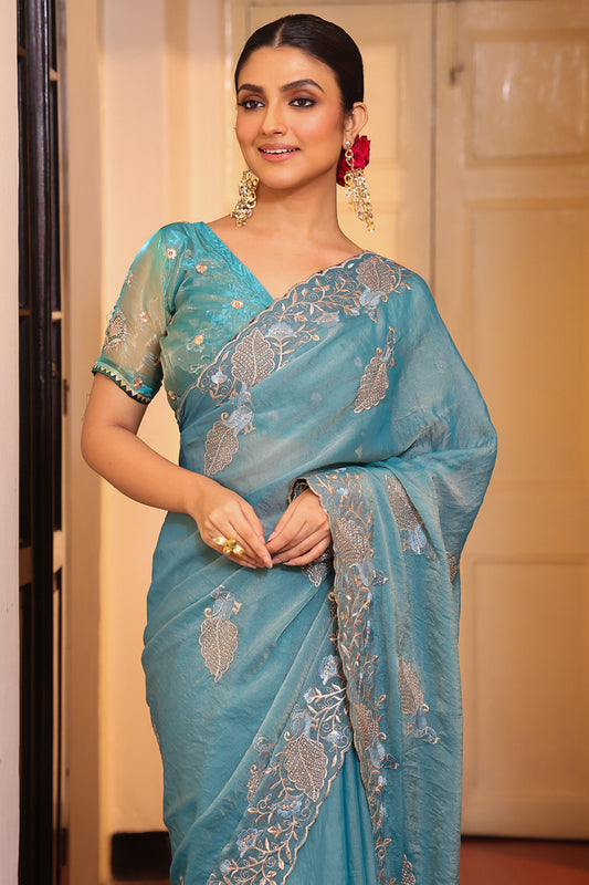 Designer Teal Blue Embroidered Silk Saree Matching Blouse