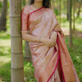 Rose Gold Banarasi Silk Saree Rich Zari Weaving Contrast Pink Border