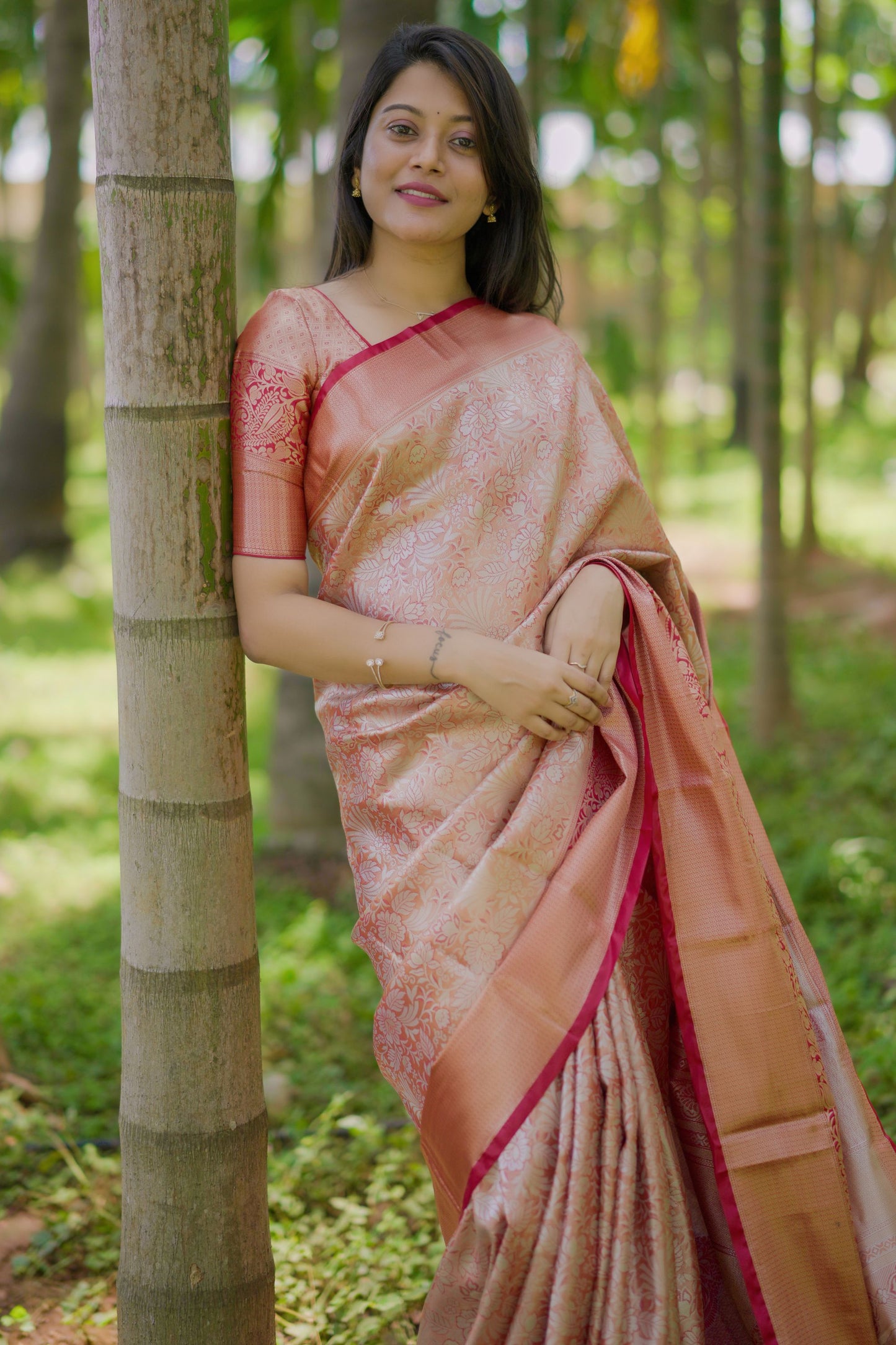 Rose Gold Banarasi Silk Saree Rich Zari Weaving Contrast Pink Border