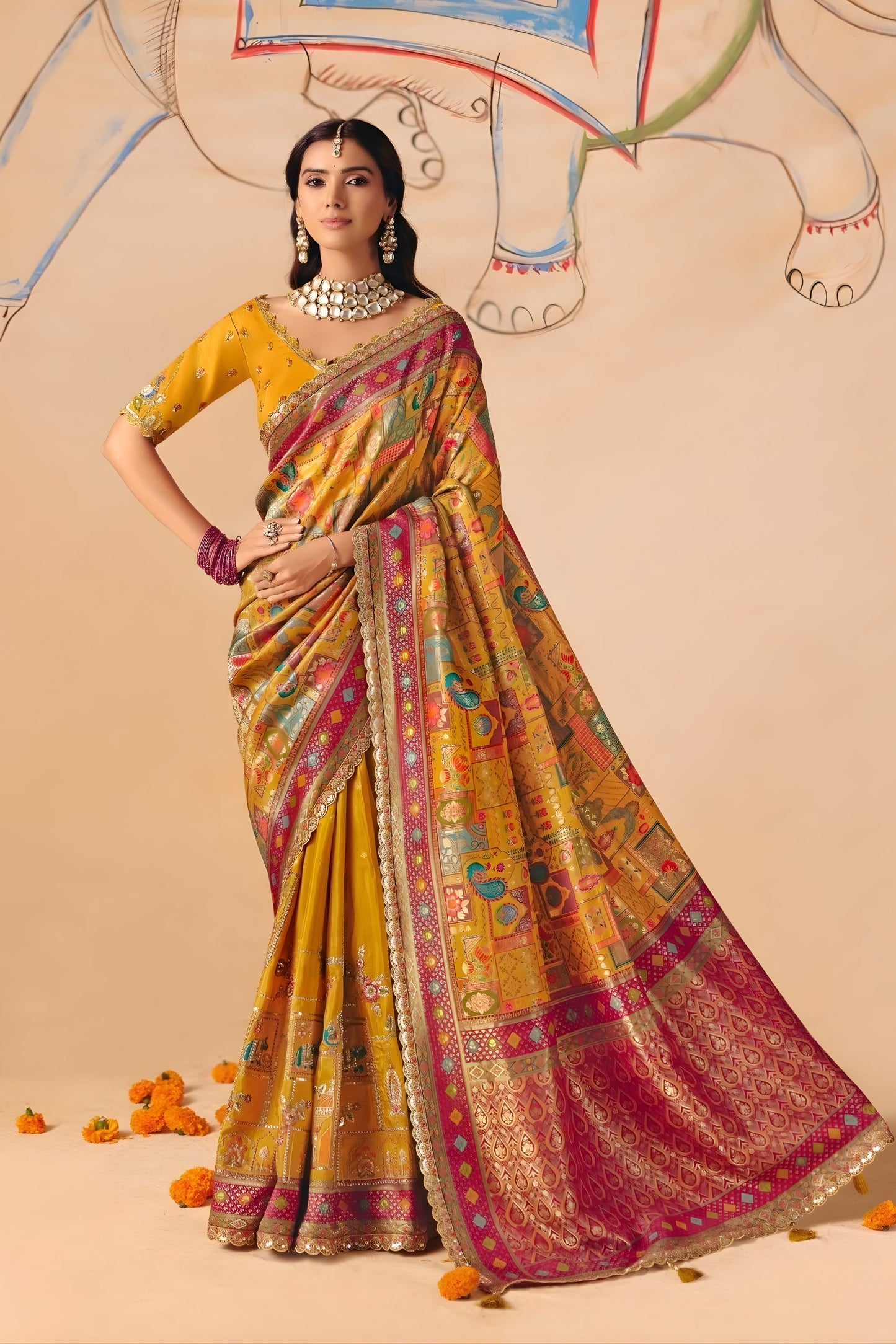 Mustard Yellow Paithani Silk Saree with Multicolor Zari Weaving Saree