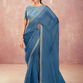 Blue Georgette Saree with Silver Embroidered Border Designer Blouse 