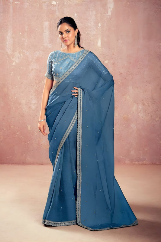 Blue Georgette Saree with Silver Embroidered Border Designer Blouse 