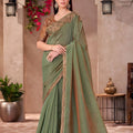Olive Green Silk Saree Zari Embroidered Border Designer Blouse