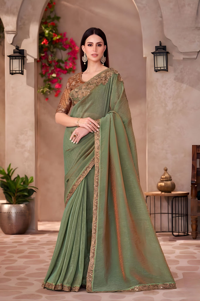 Olive Green Silk Saree Zari Embroidered Border Designer Blouse