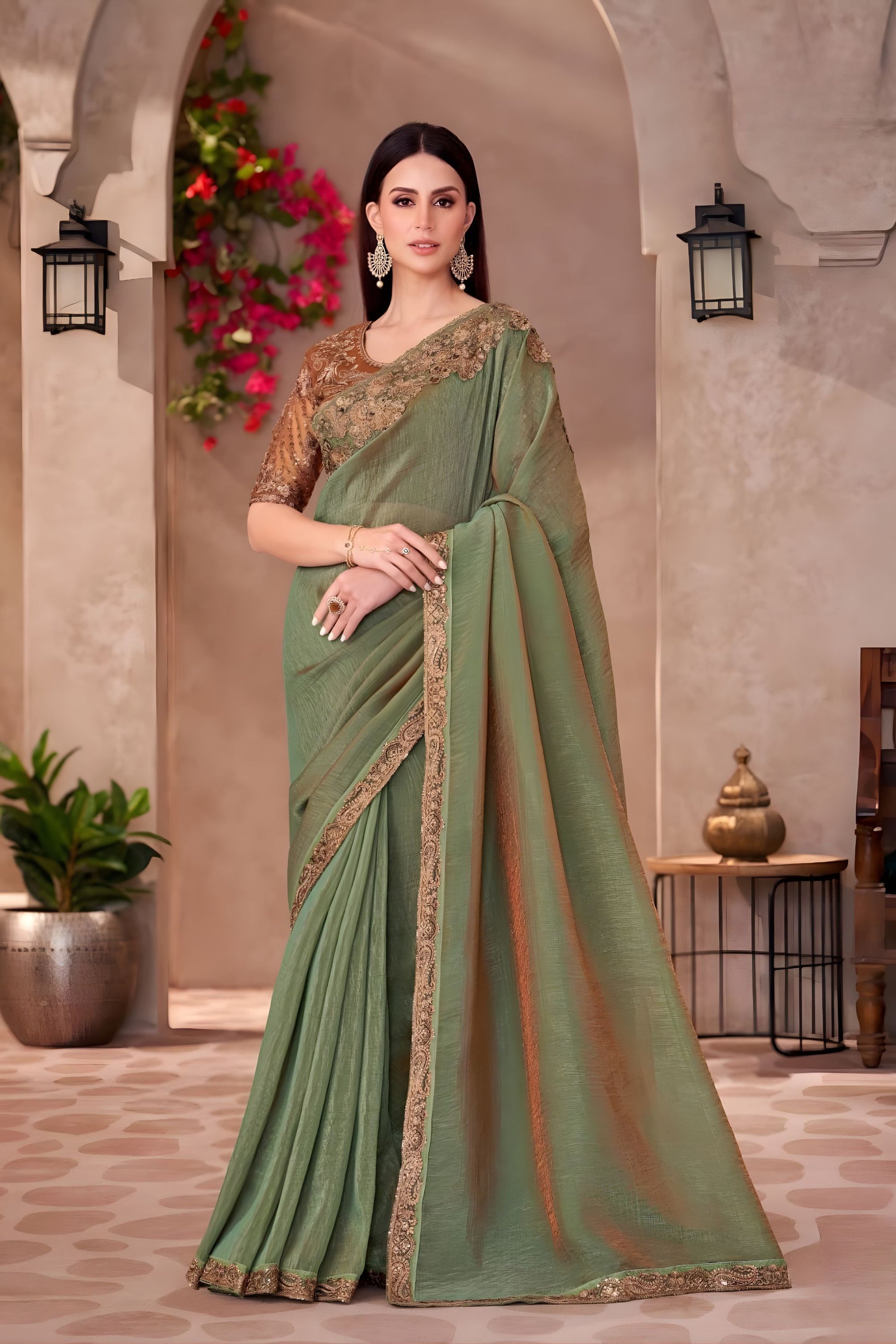 Olive Green Silk Saree Zari Embroidered Border Designer Blouse