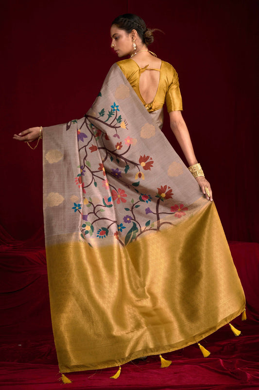 Grey Banarasi Silk Saree with Golden Blouse Festive Wear