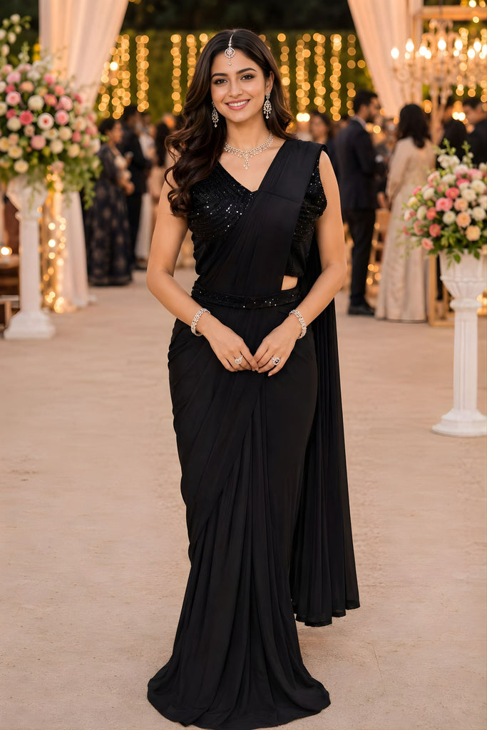Black Georgette Saree with Sequins Embroidered Designer Blouse
