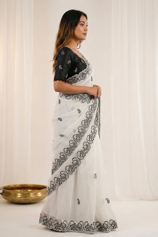 White Organza Saree with Black Embroidered Border