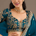 Teal Blue Silk Saree with Heavy Embroidered Border Designer Blouse