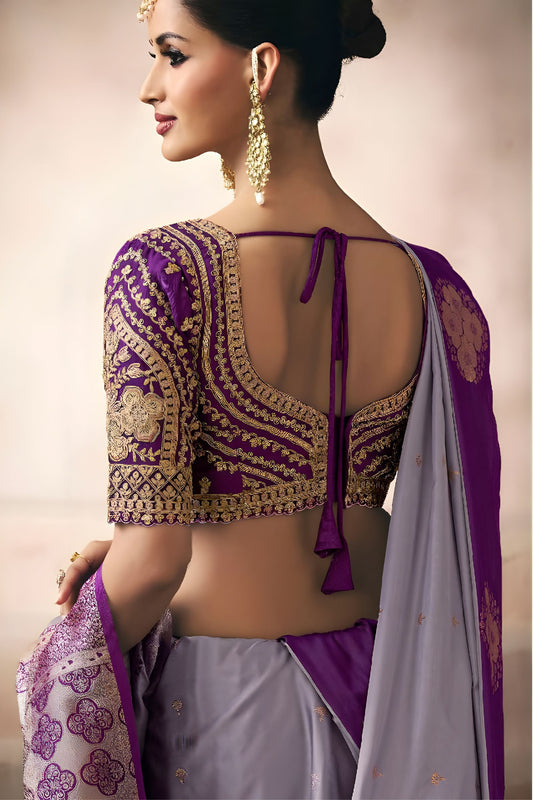 Elegant Grey Silk Saree with Contrast Purple Zari Border