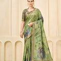 Elegant Olive Green Floral Printed Linen Cotton Saree