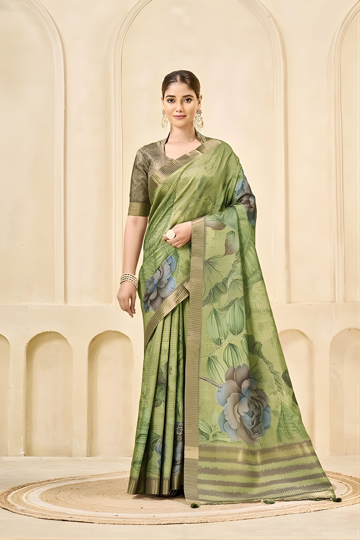 Elegant Olive Green Floral Printed Linen Cotton Saree
