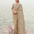 Beige Embroidered Silk Saree Designer Heavy Border Saree with Blouse
