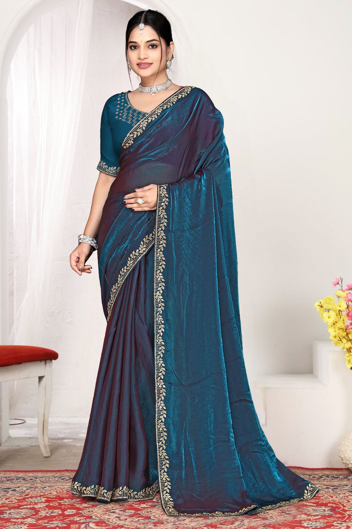 Teal Blue Silk Saree with Rich Golden Zari Border Designer Saree