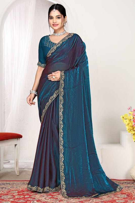 Teal Blue Silk Saree with Rich Golden Zari Border Designer Saree