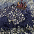 Navy Blue Ombre Organza Silk Saree Floral Embroidery Border