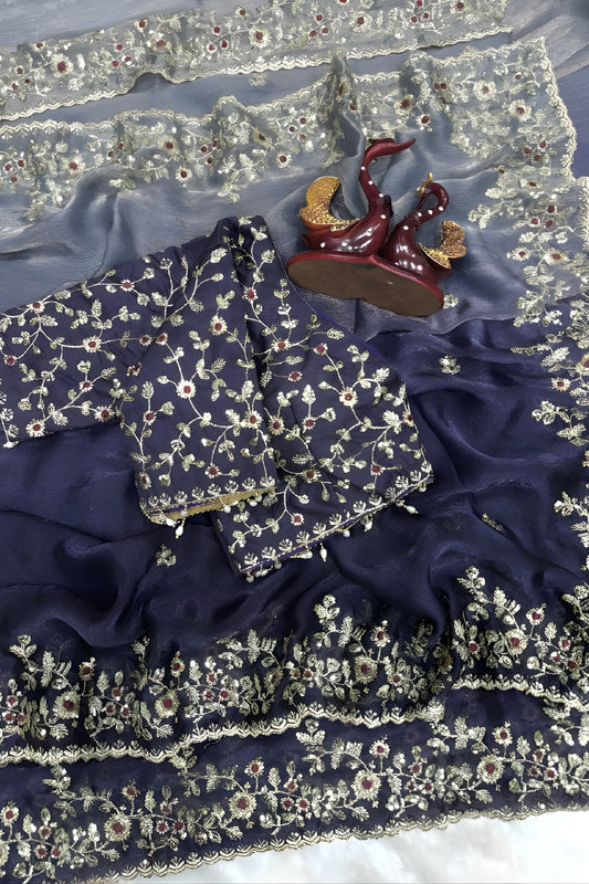 Navy Blue Ombre Organza Silk Saree Floral Embroidery Border