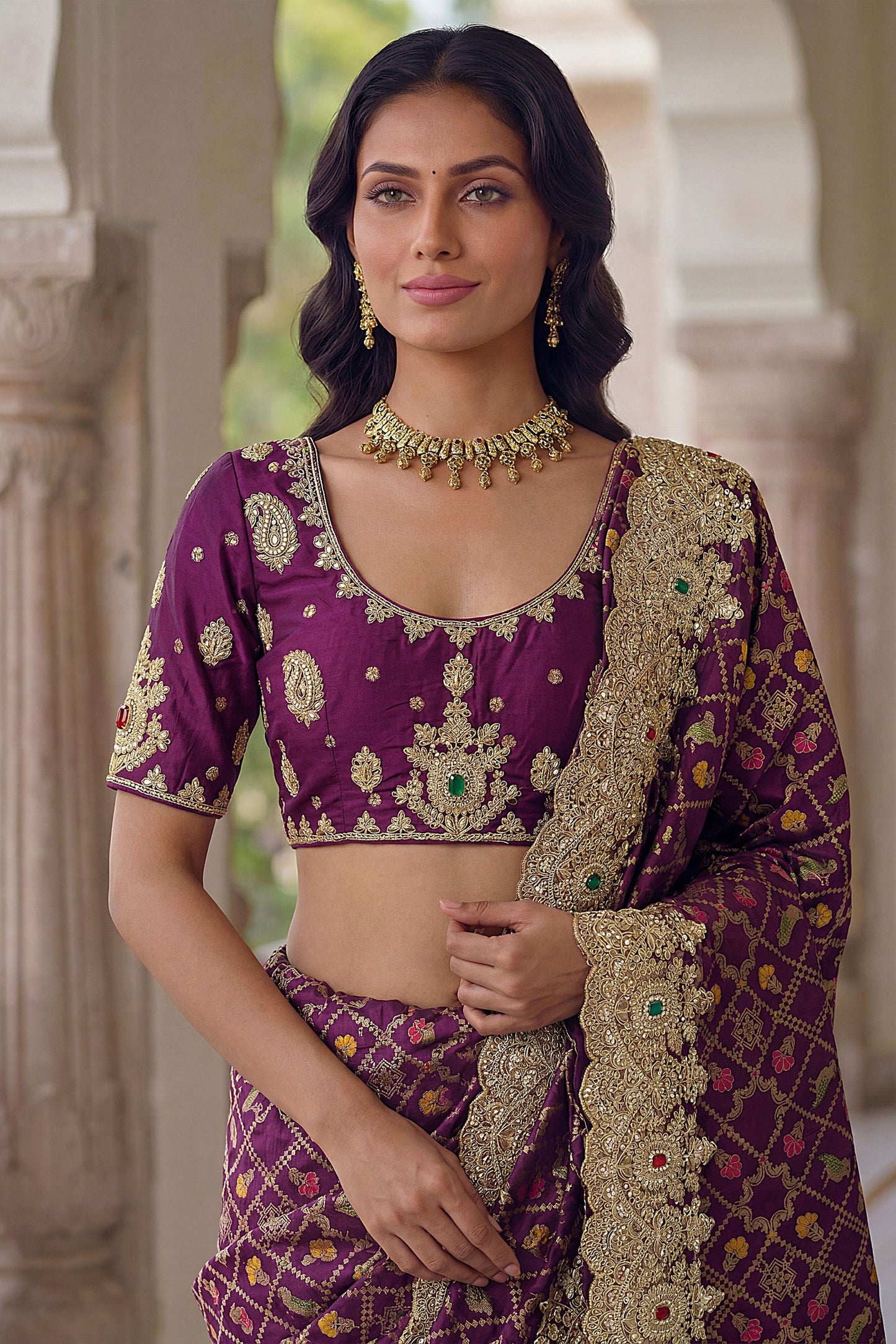 Wine Purple Banarasi Silk Saree Heavy Zari Embroidery Rich Designer Border