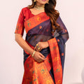 Navy Blue Paithani Silk Saree Red Zari Border Traditional Saree