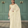 Elegant Off-White Net Embroidered Saree with Matching Blouse for Wedding Party Wear