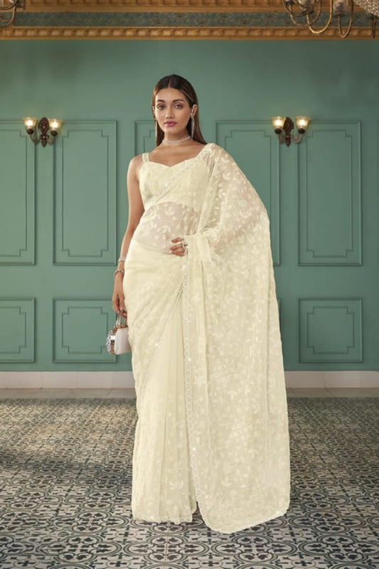 Elegant Off-White Net Embroidered Saree with Matching Blouse for Wedding Party Wear
