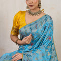Sky Blue Banarasi Silk Saree Rich Zari Floral Contrast Yellow Blouse