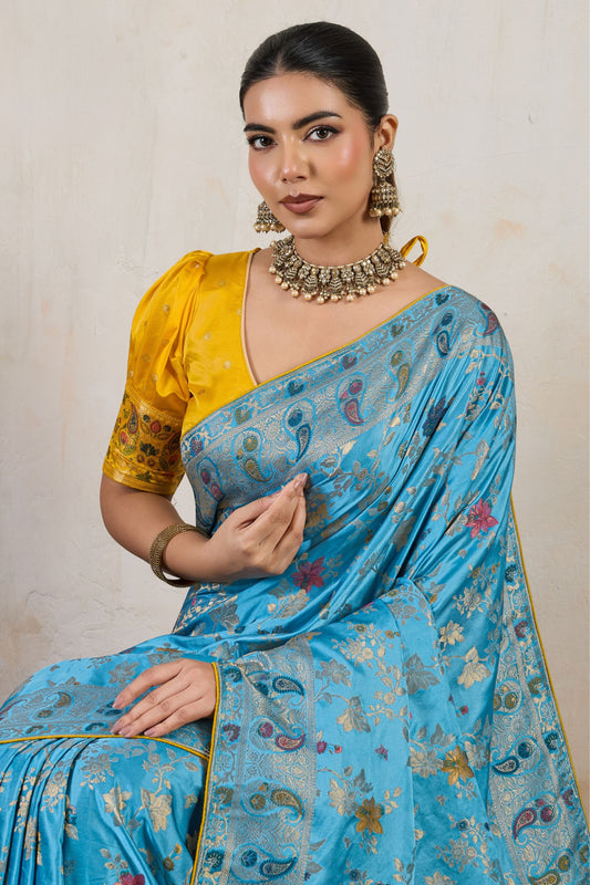 Sky Blue Banarasi Silk Saree Rich Zari Floral Contrast Yellow Blouse