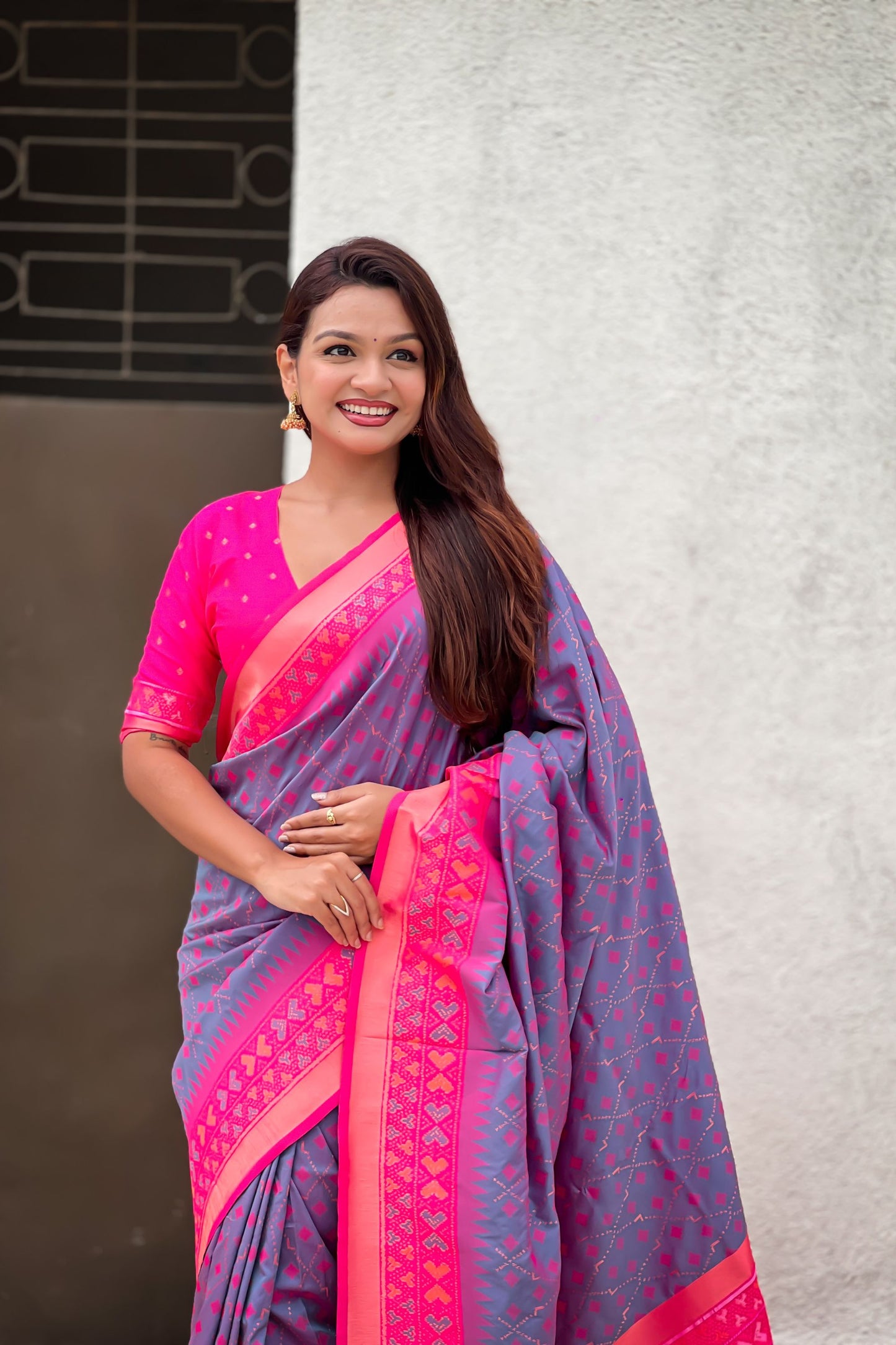 Grey Rani Pink Printed Saree with Designer Border Party Wear Saree
