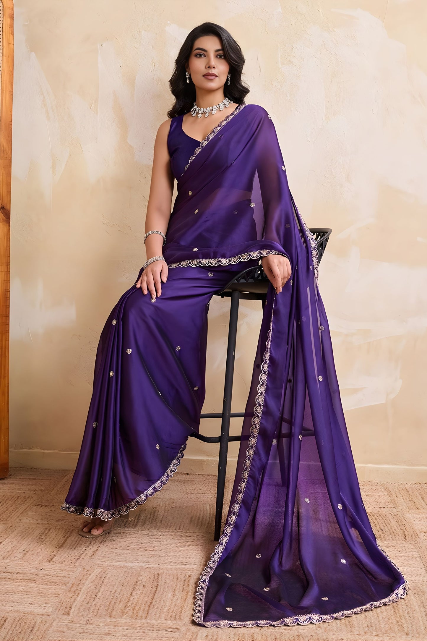 Royal Purple Georgette Saree with Silver Zari Border Butti Work