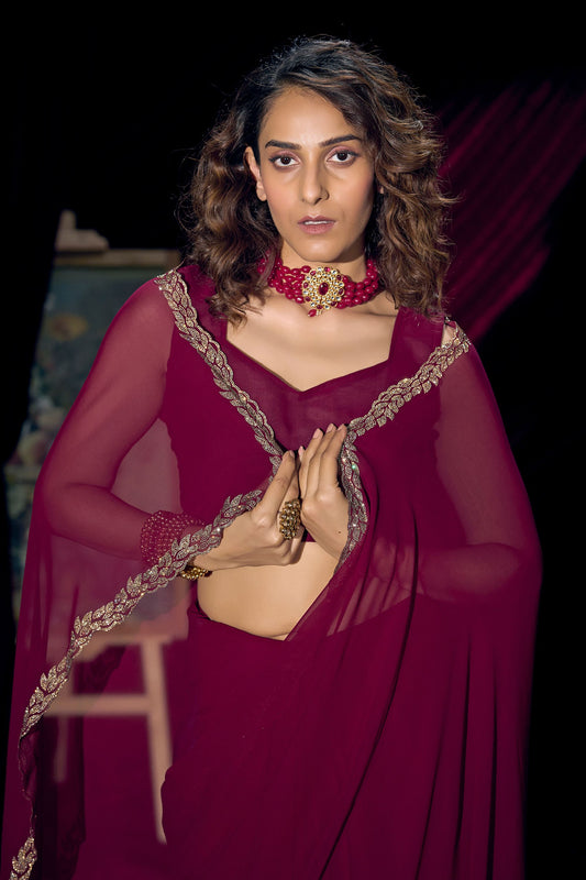 Wine Red Georgette Saree with Embroidered Border Designer Saree