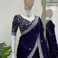 Navy Blue Embroidered Net Designer Saree Sequins Work Blouse