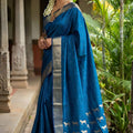 Teal Blue Traditional Silk Saree with Gold Zari Border Horse Motif Pallu