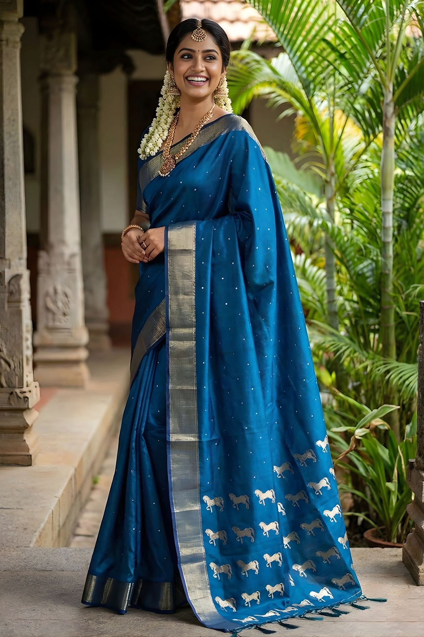 Teal Blue Traditional Silk Saree with Gold Zari Border Horse Motif Pallu