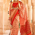 Red Beige Patola Print Silk Saree Traditional Gujarati Designer Pallu