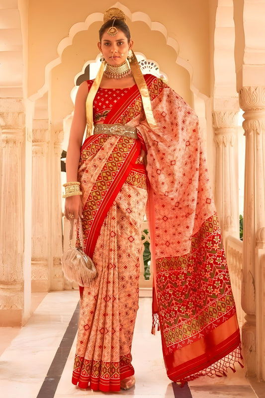 Red Beige Patola Print Silk Saree Traditional Gujarati Designer Pallu