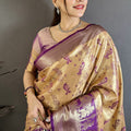 Golden Beige Purple Kanjivaram Silk Saree Traditional Banarasi Zari Wedding Saree