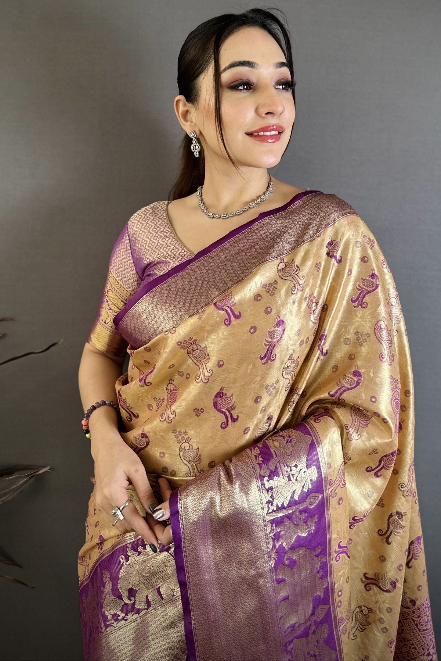 Golden Beige Purple Kanjivaram Silk Saree Traditional Banarasi Zari Wedding Saree