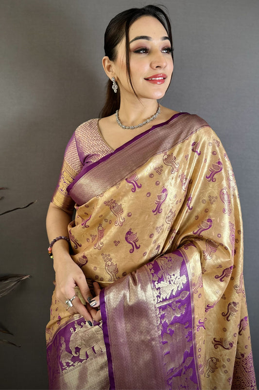 Golden Beige Purple Kanjivaram Silk Saree Traditional Banarasi Zari Wedding Saree
