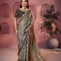 Designer Grey Silk Bandhani Printed Saree Embroidered Stone Work Border 